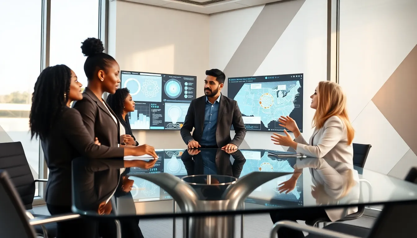 diverse team discussing concepts in a modern office.