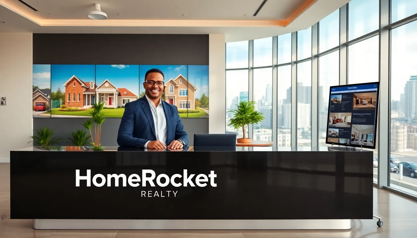 a real estate agent at a modern office welcoming clients.