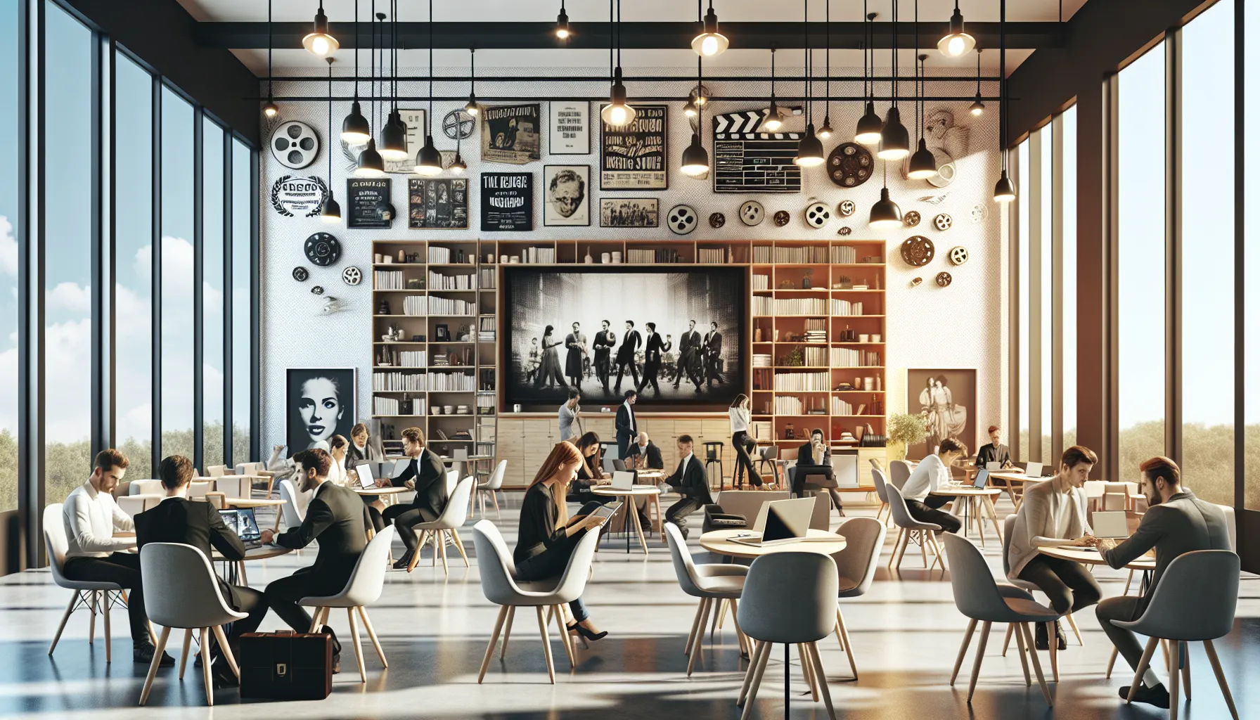 diverse group discussing films in a modern workspace.