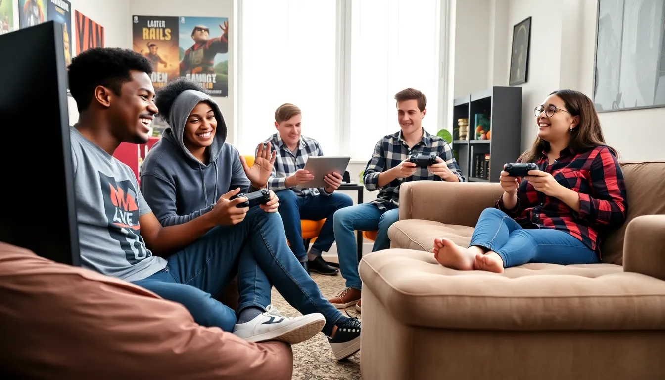 a diverse group of gamers enjoying ImagineerGames on PlayStation consoles.