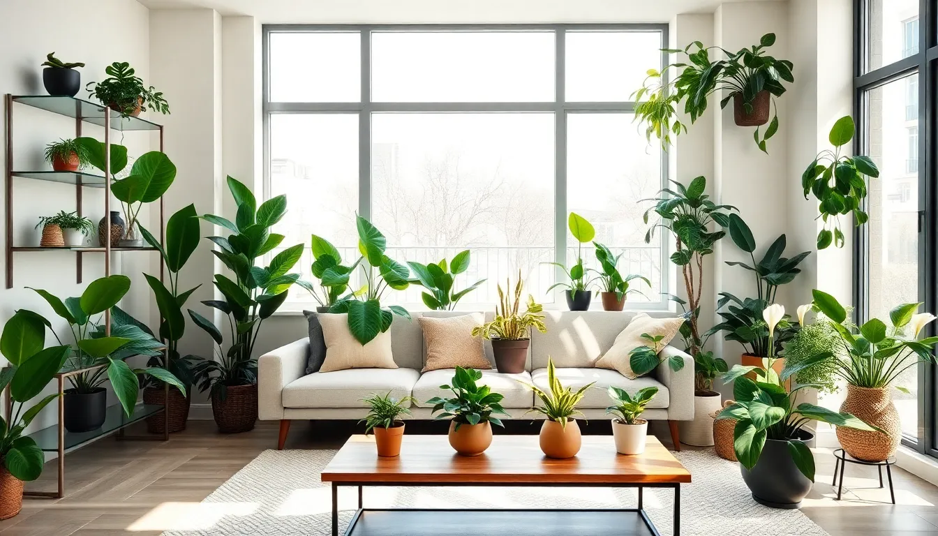 a modern living room with various common house plants.
