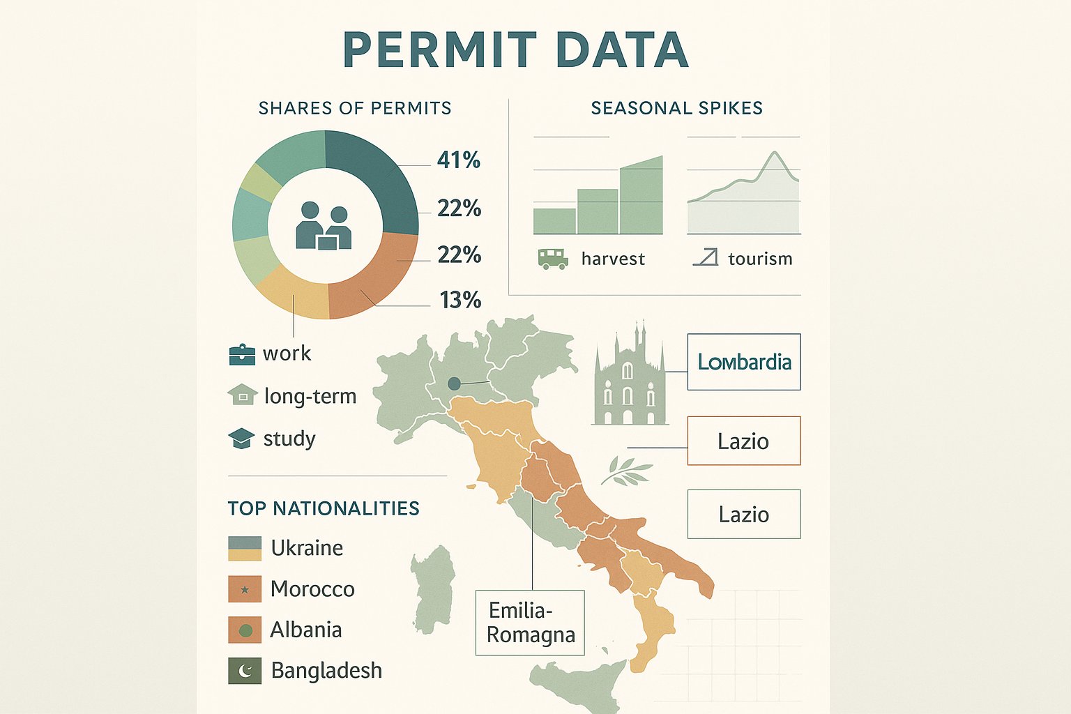 Infografica che mostra i tipi di permesso, mappa d'Italia per regione e principali nazionalità con tendenze.