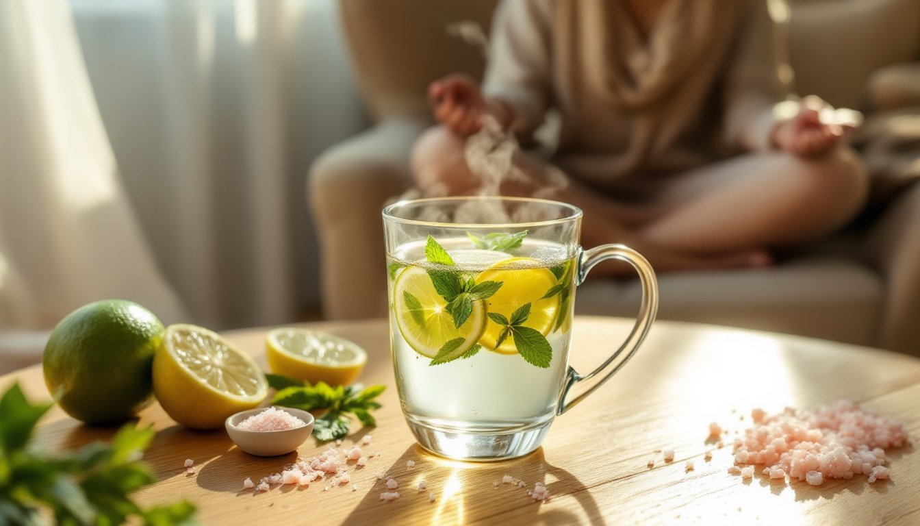 A steaming mug of warm lime-mint water with mineral salt after a flight.