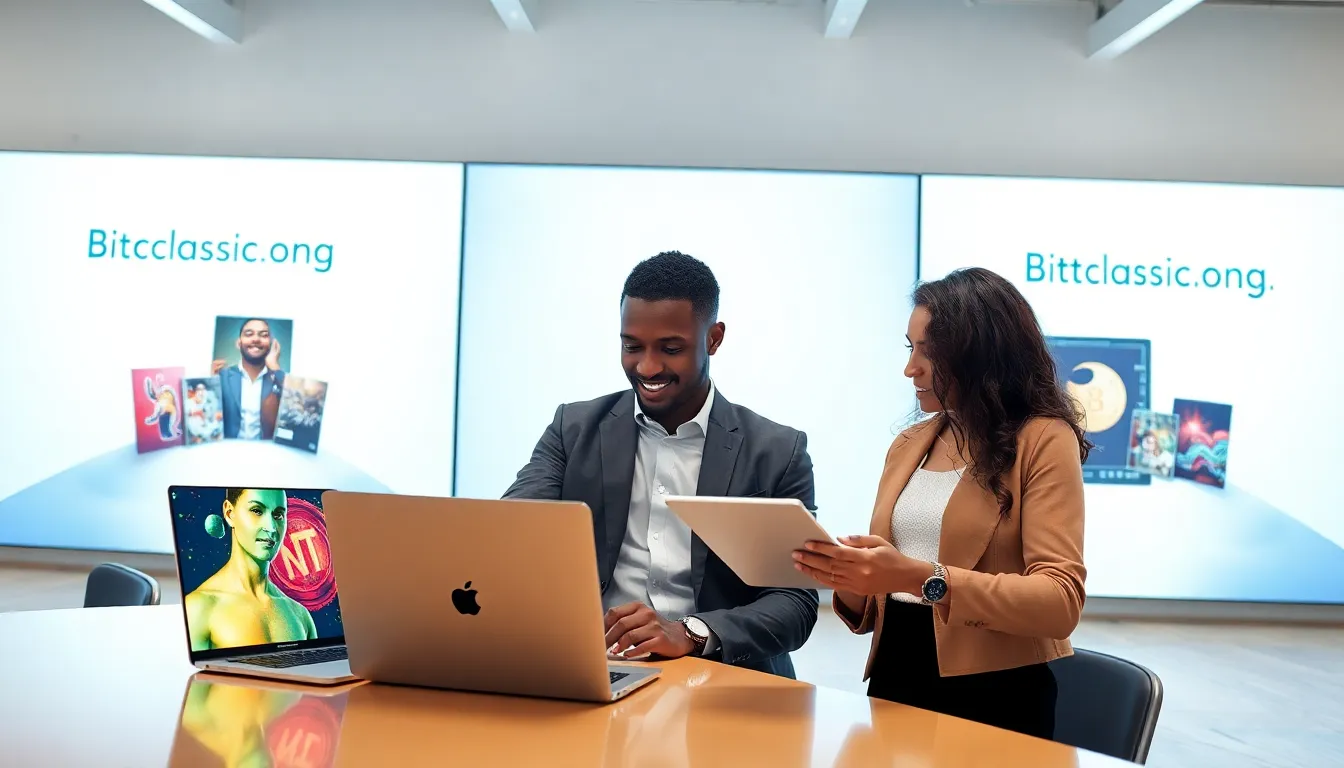 diverse professionals engaging with NFTs in a modern digital marketplace.