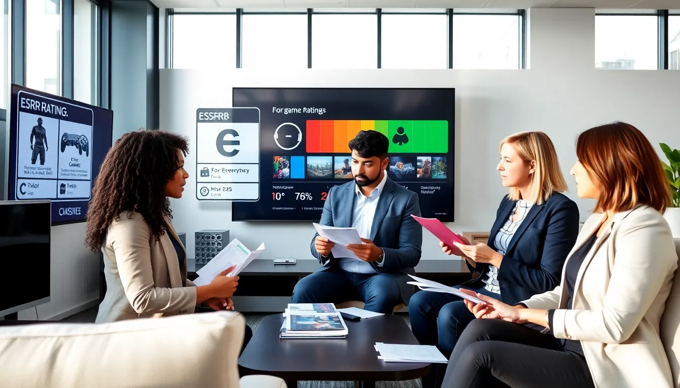 diverse team discussing video game ratings in a modern office.