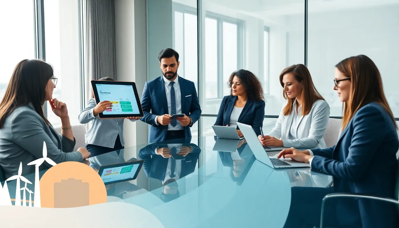 diverse team discussing renewable energy solutions in a modern office.
