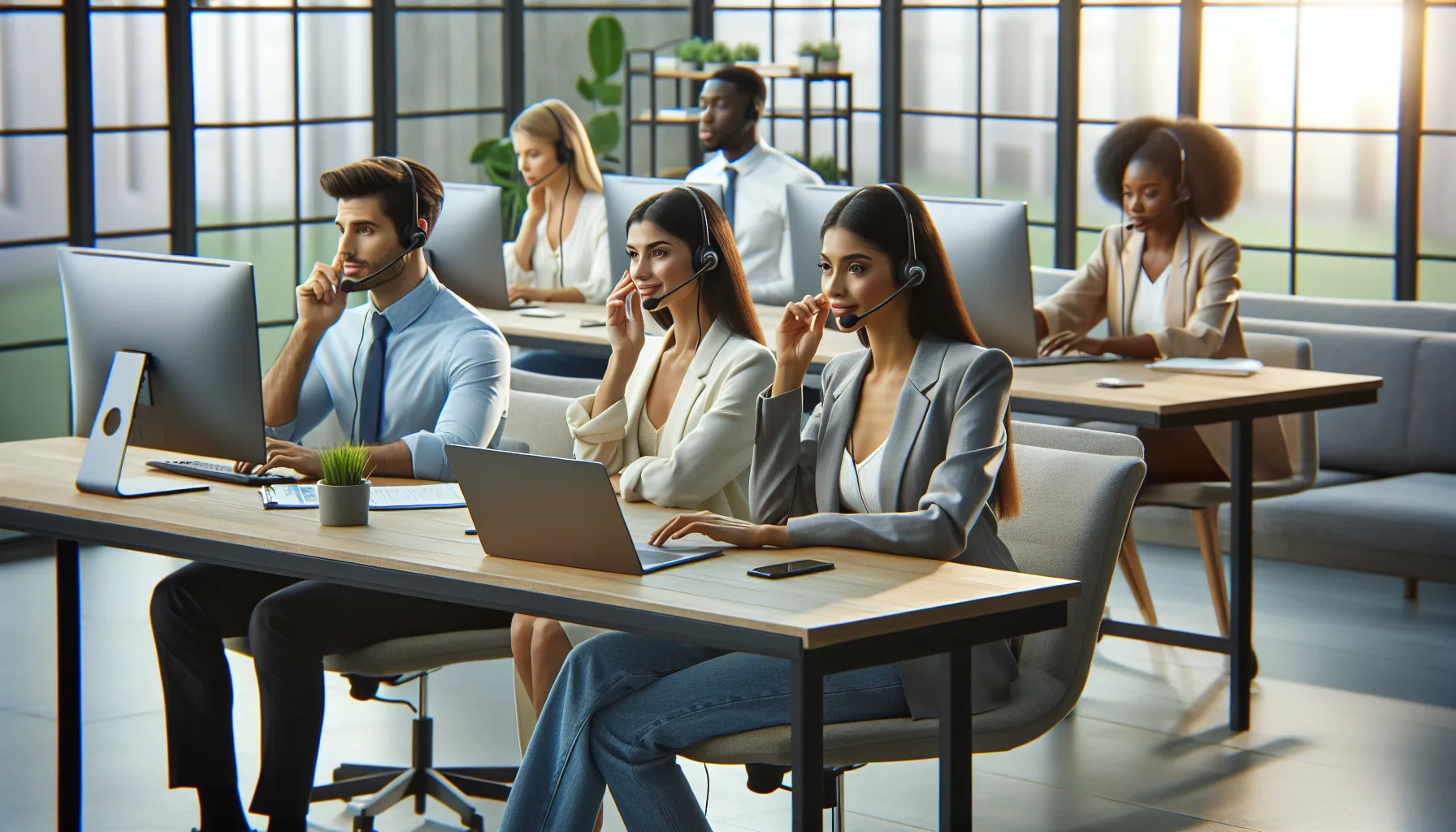 customer support team assisting clients in a modern office.
