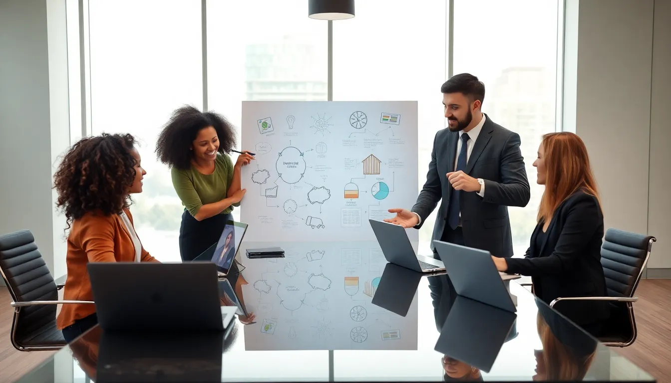diverse team brainstorming innovative solutions in a modern office.