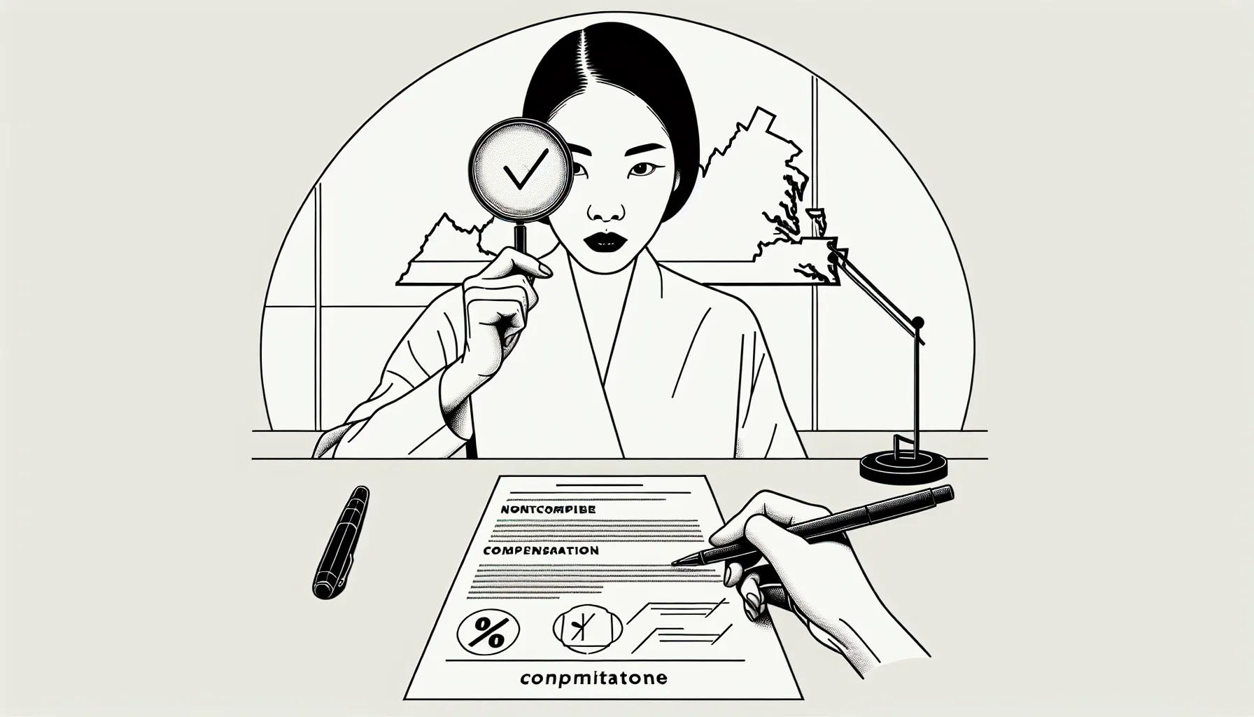 Dentist examining a contract with magnifying glass and Virginia outline of Virginia Dental Contract Review.