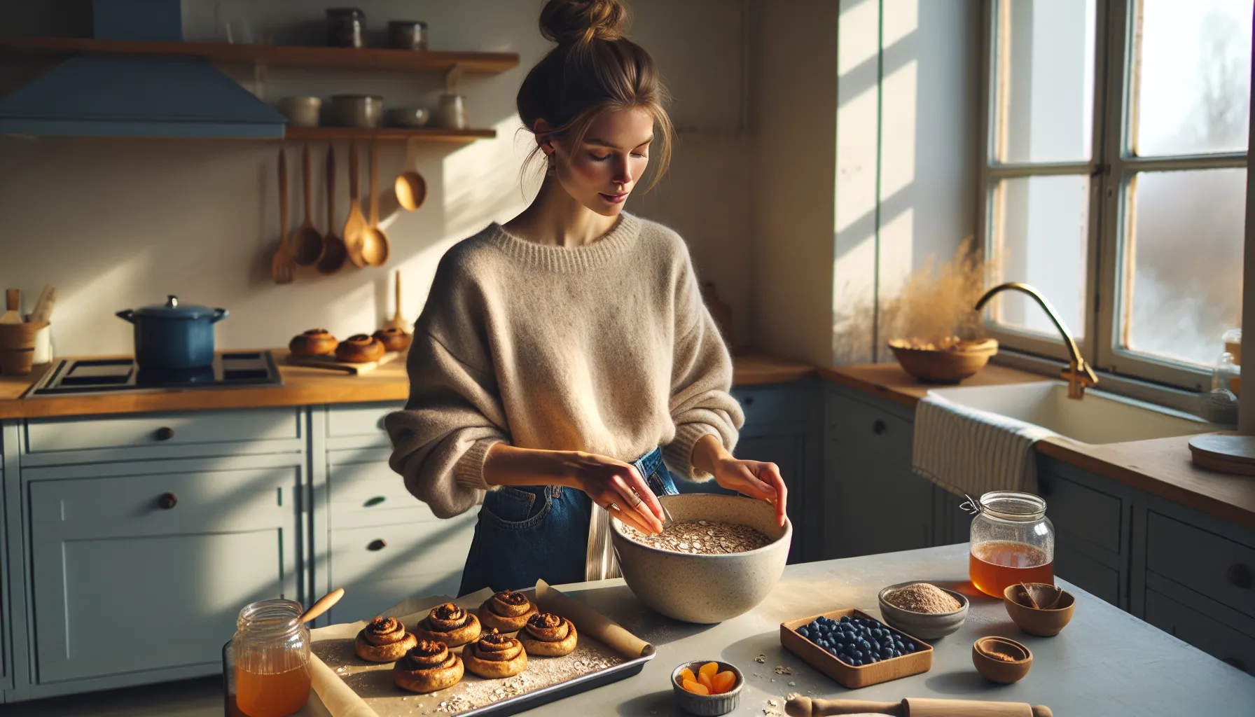 Slik lager du sunnere alternativer til klassiske bakverk 2 Norwegian home baker preparing fiber-rich, fruit-sweetened cinnamon buns in a bright kitchen.