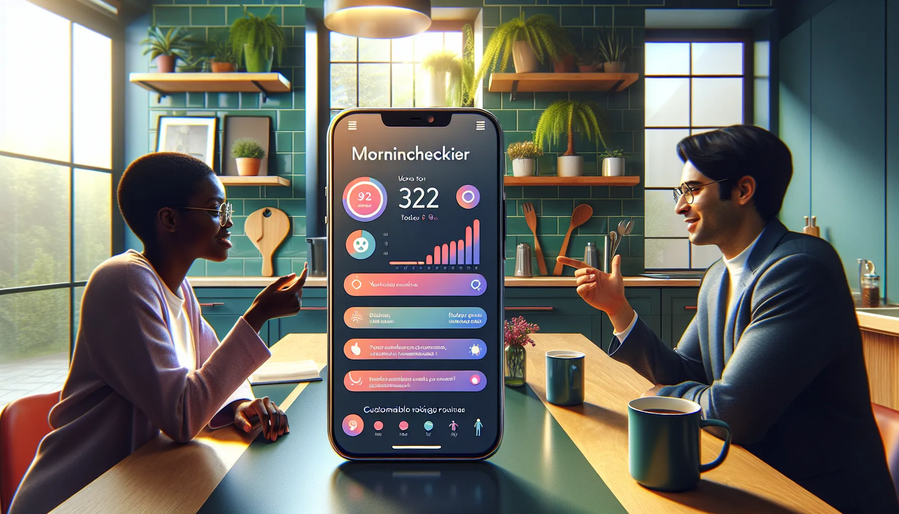 professionals discussing the Mornchecker app in a bright kitchen setting.