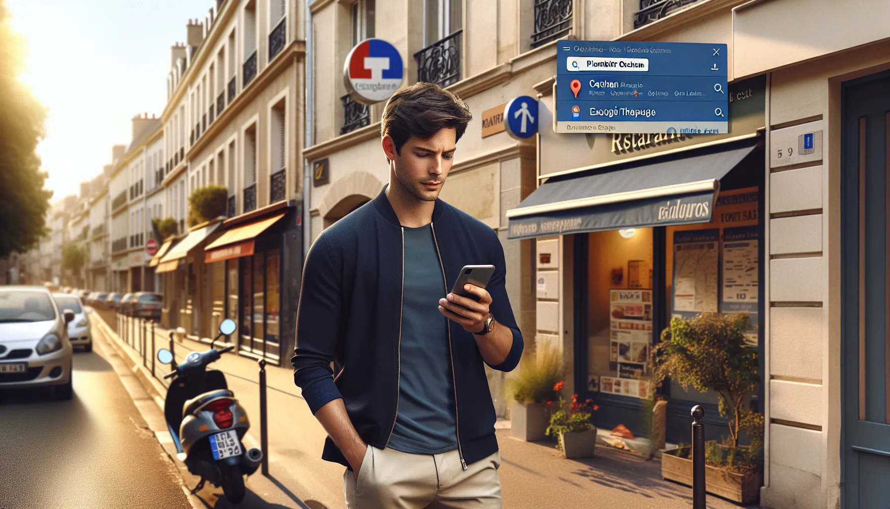 Man in Cachan checking local plumbers on Google Maps on his smartphone.