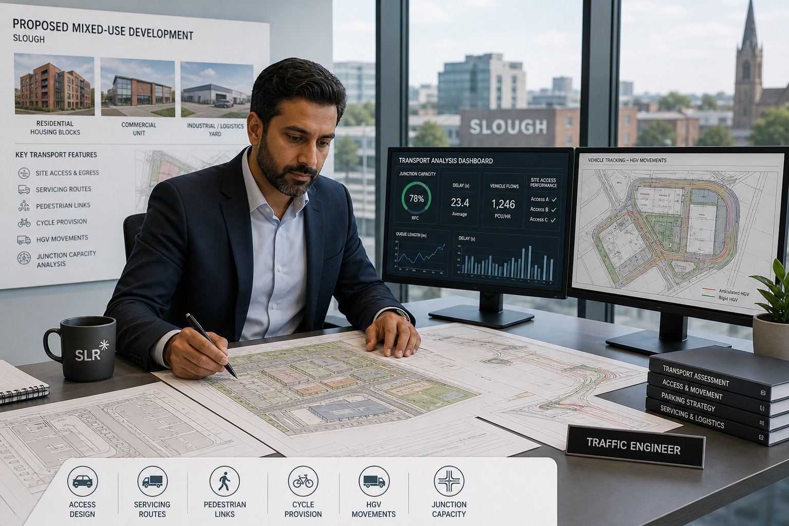Traffic engineer reviewing development transport plans in a modern Slough office.