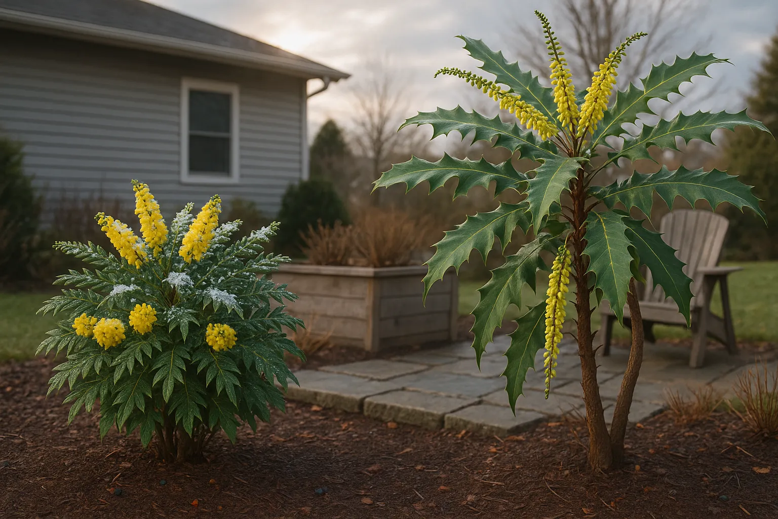 Two Mahonia shrubs side-by-side showing compact Winter Sun and taller Charity.