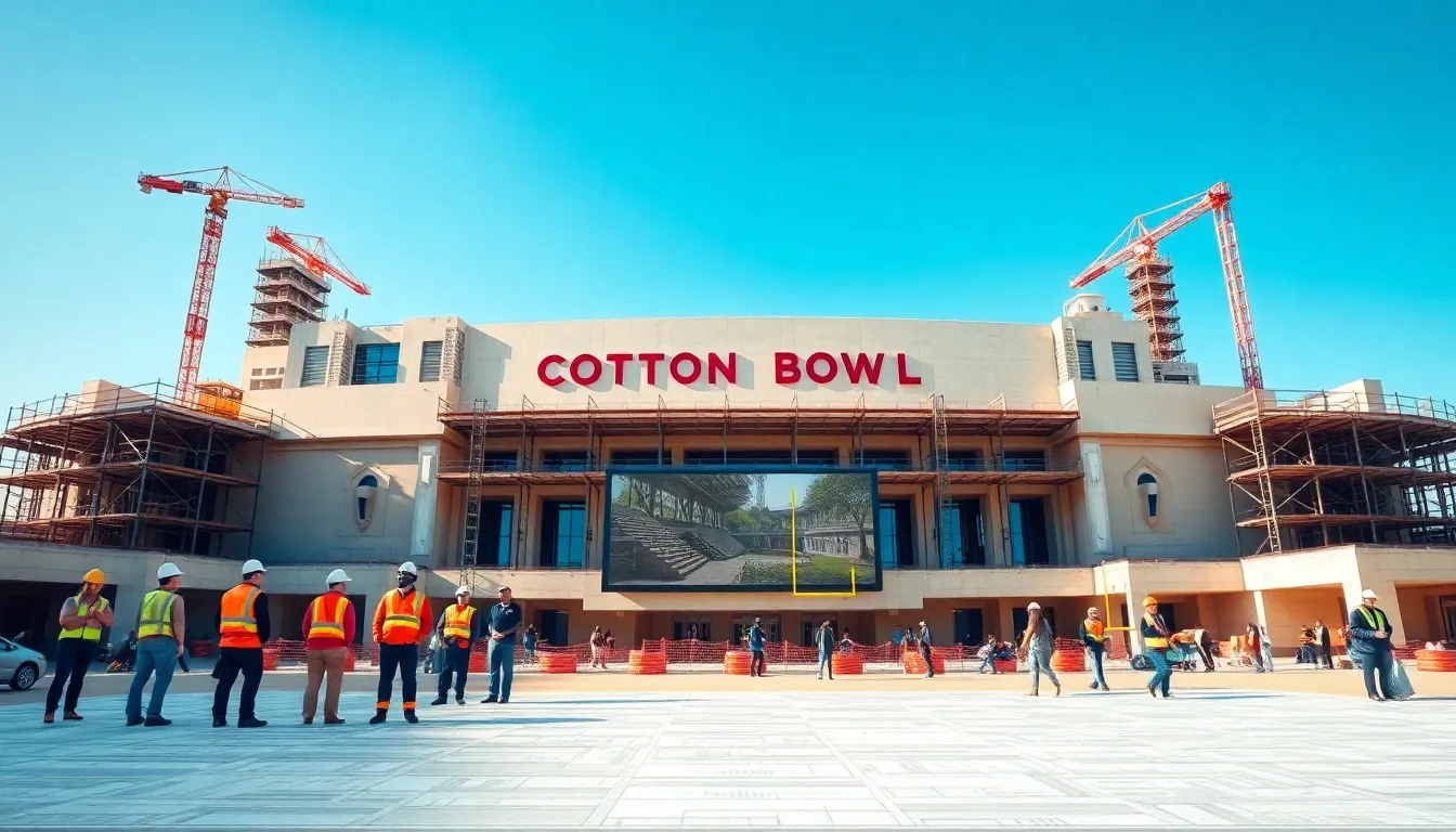 Cotton Bowl Stadium under renovation with construction professionals at work.