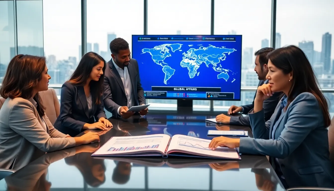diverse professionals discussing global affairs in a modern office.