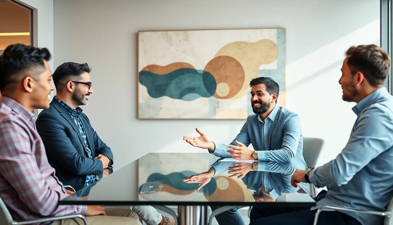 diverse men discussing wellness in a modern office setting.