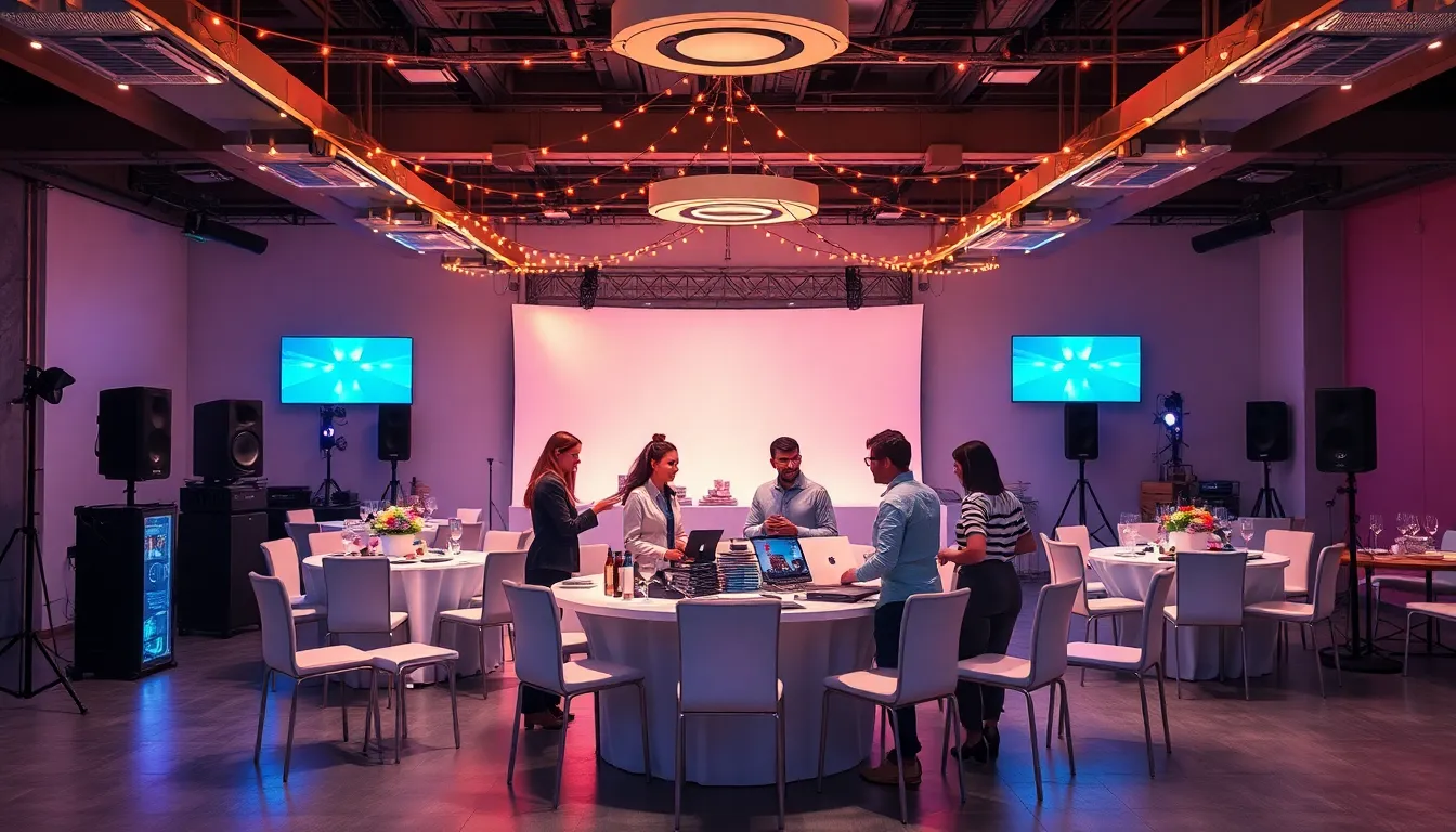 diverse team planning an event with celebration hardware in a modern venue.