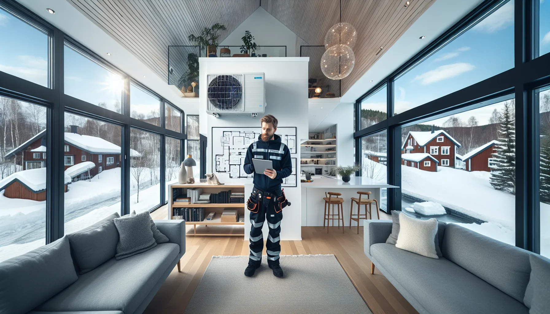 Installer and couple assessing heat pump placement in a norwegian open-plan living room.