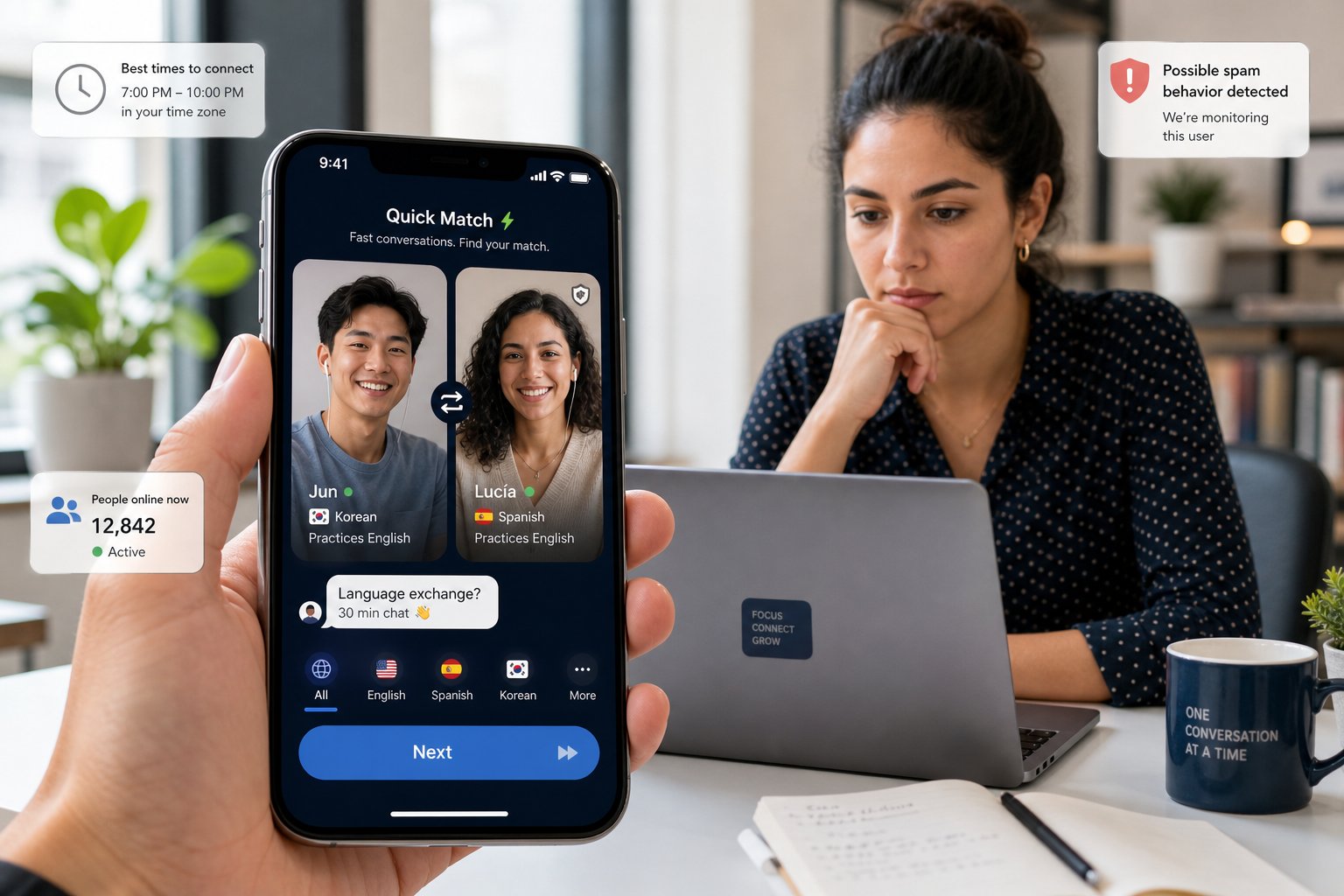 Professional using a video chat app with quick skip and language prompt.