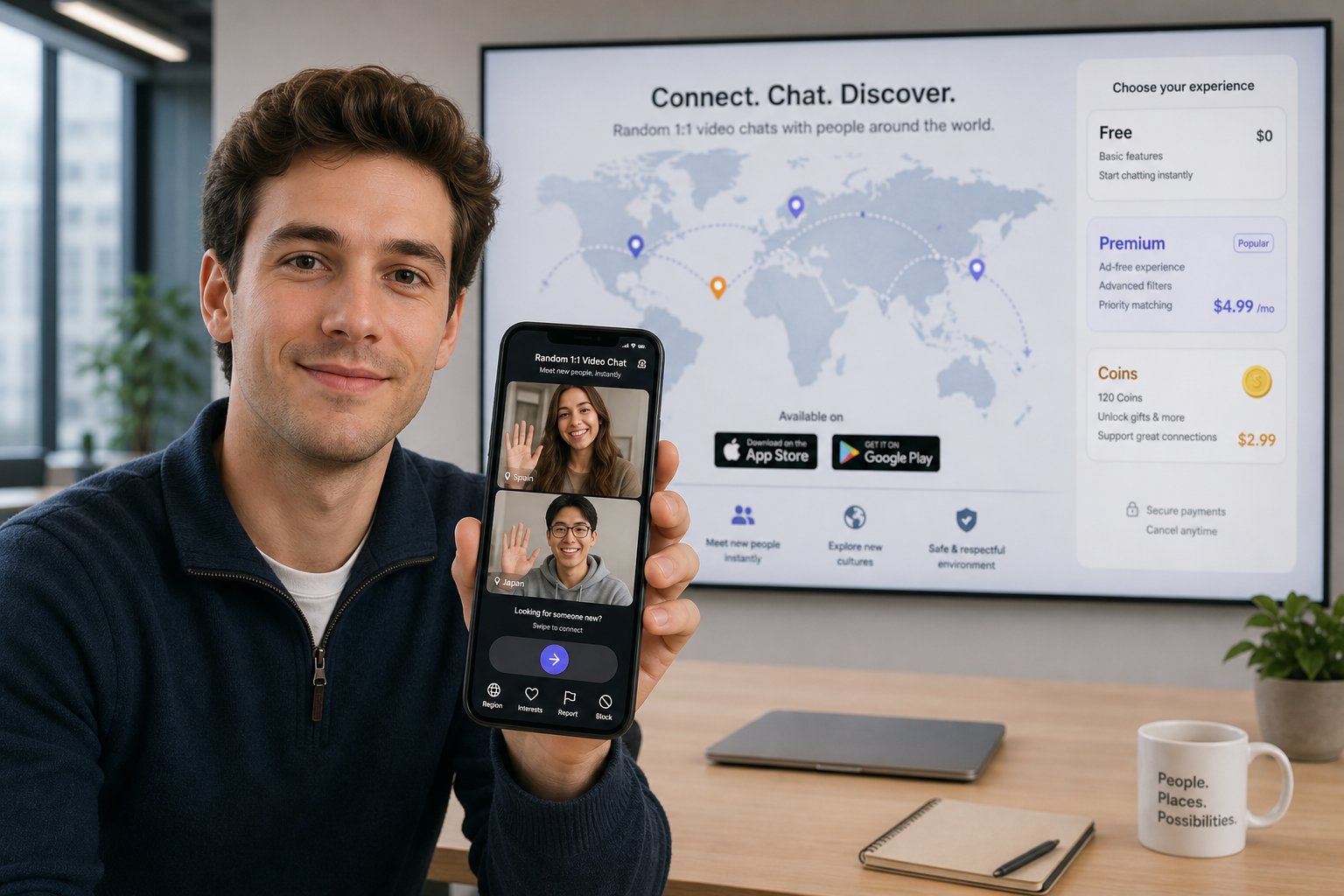 Professional holding phone showing random video chat features and global region filters.