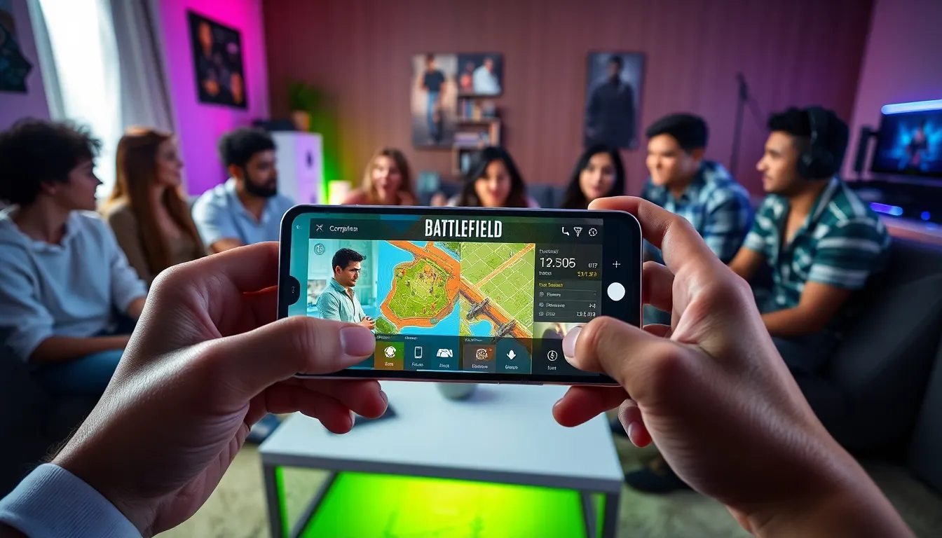 group of friends using the Battlefield Companion app in a cozy living room.