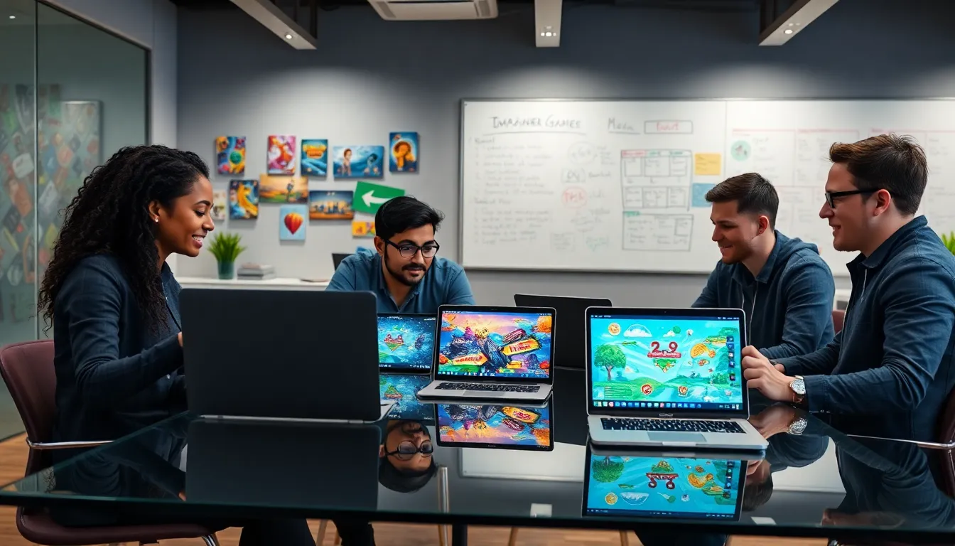 diverse team collaborating on game designs in a modern office.
