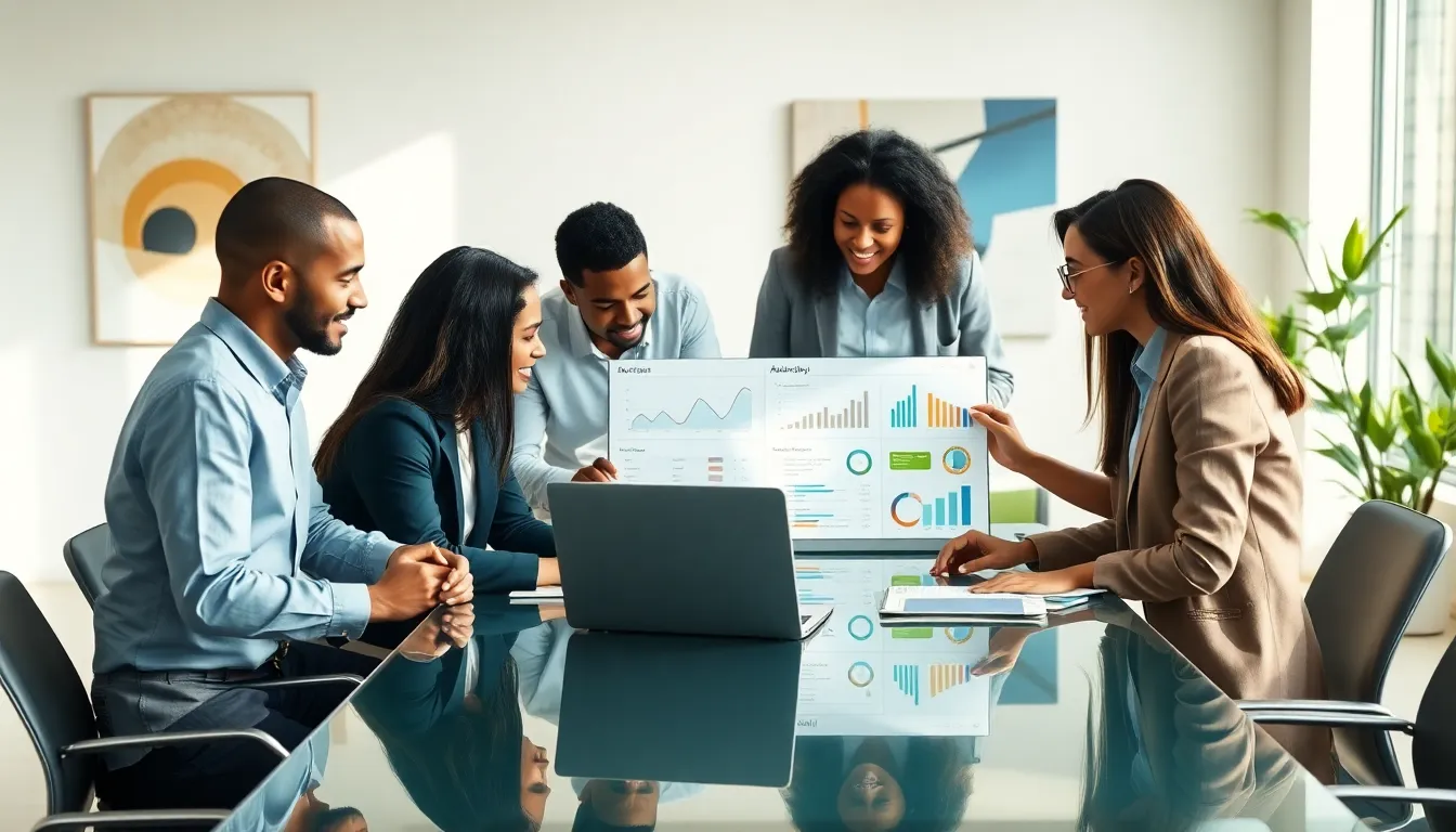 diverse professionals collaborating in a modern office setting.