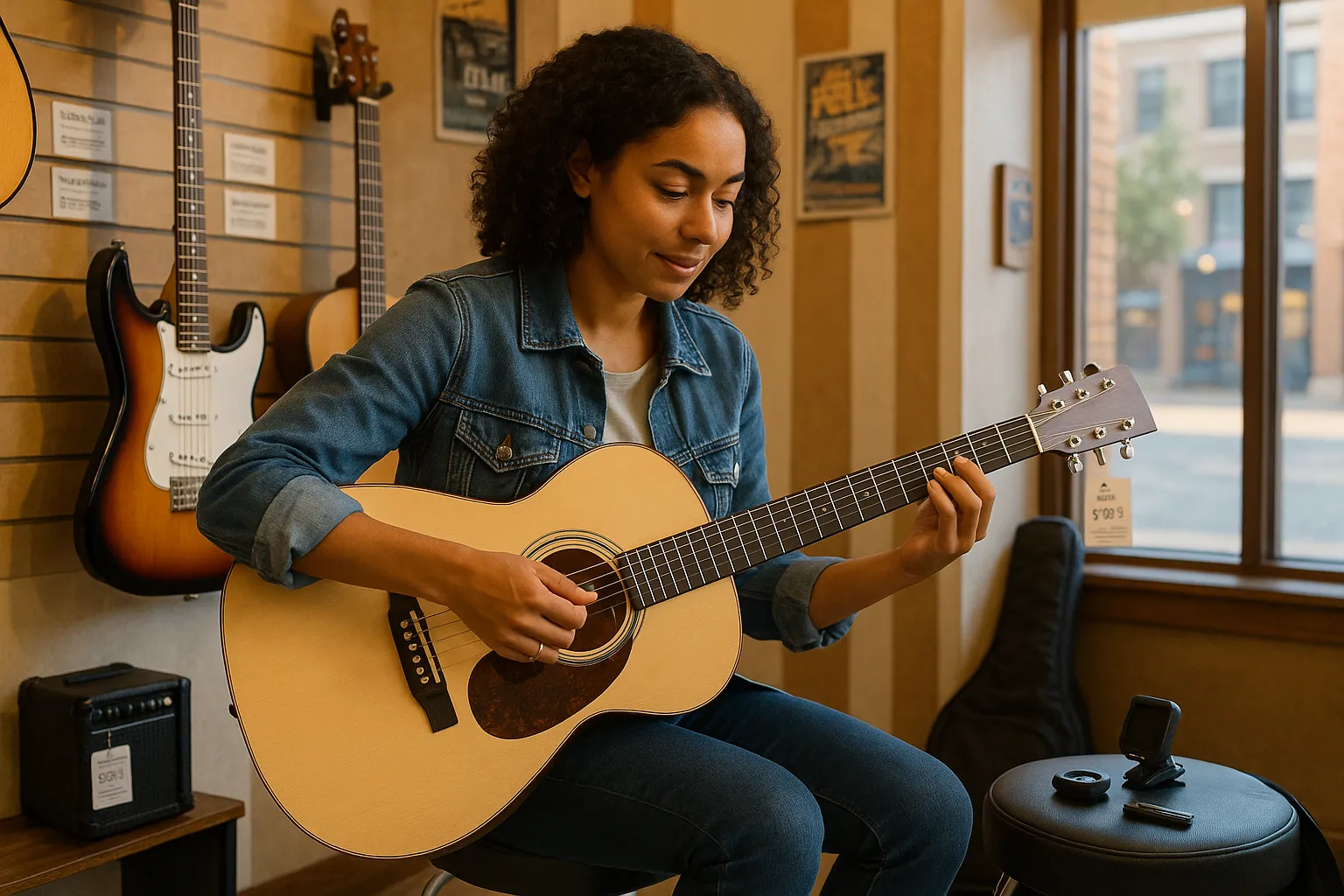 Young adult testing acoustic and electric beginner guitars in a music shop.