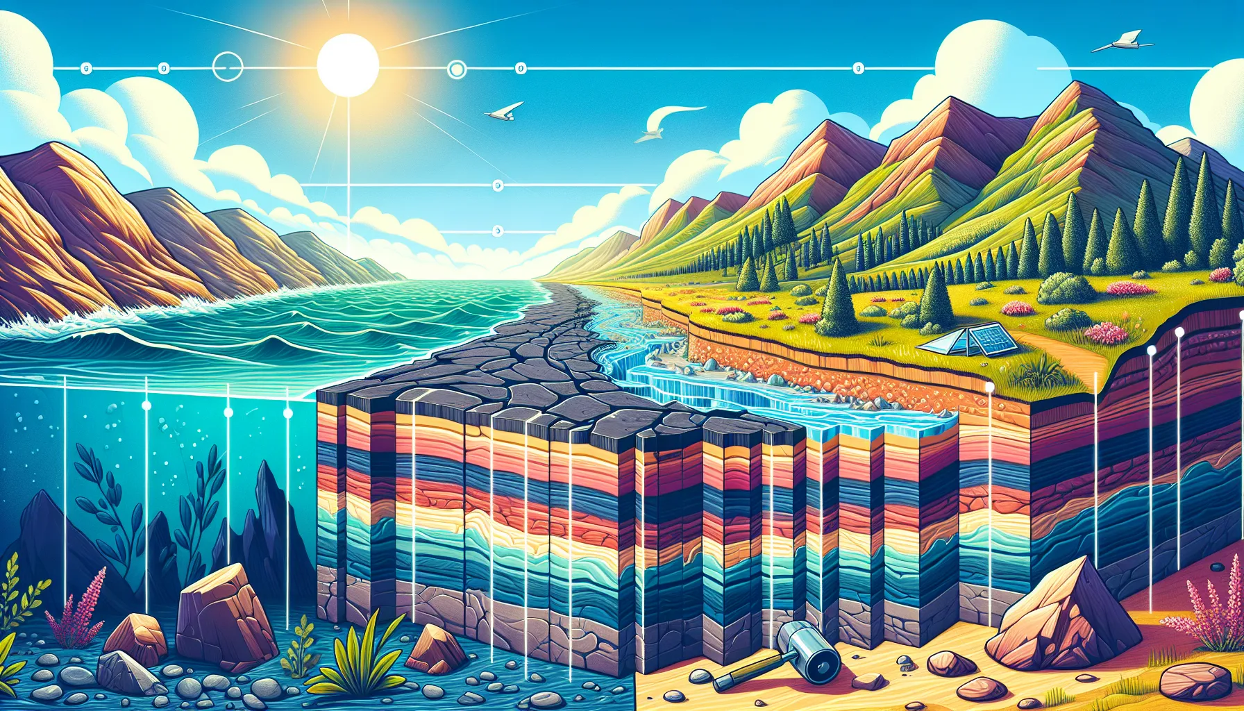 Comparison of oceanic and continental crust layers showcasing age differences and geology.