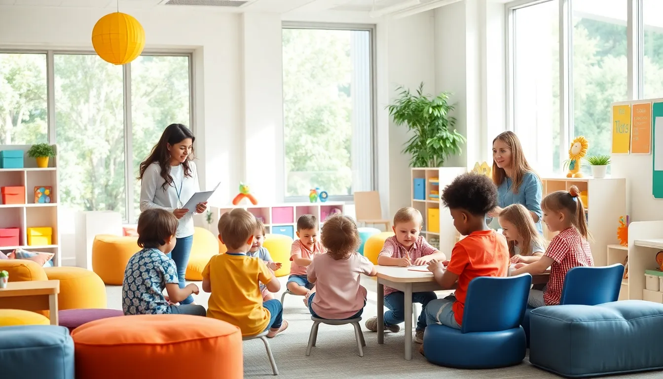 diverse educators working with children in a bright classroom.