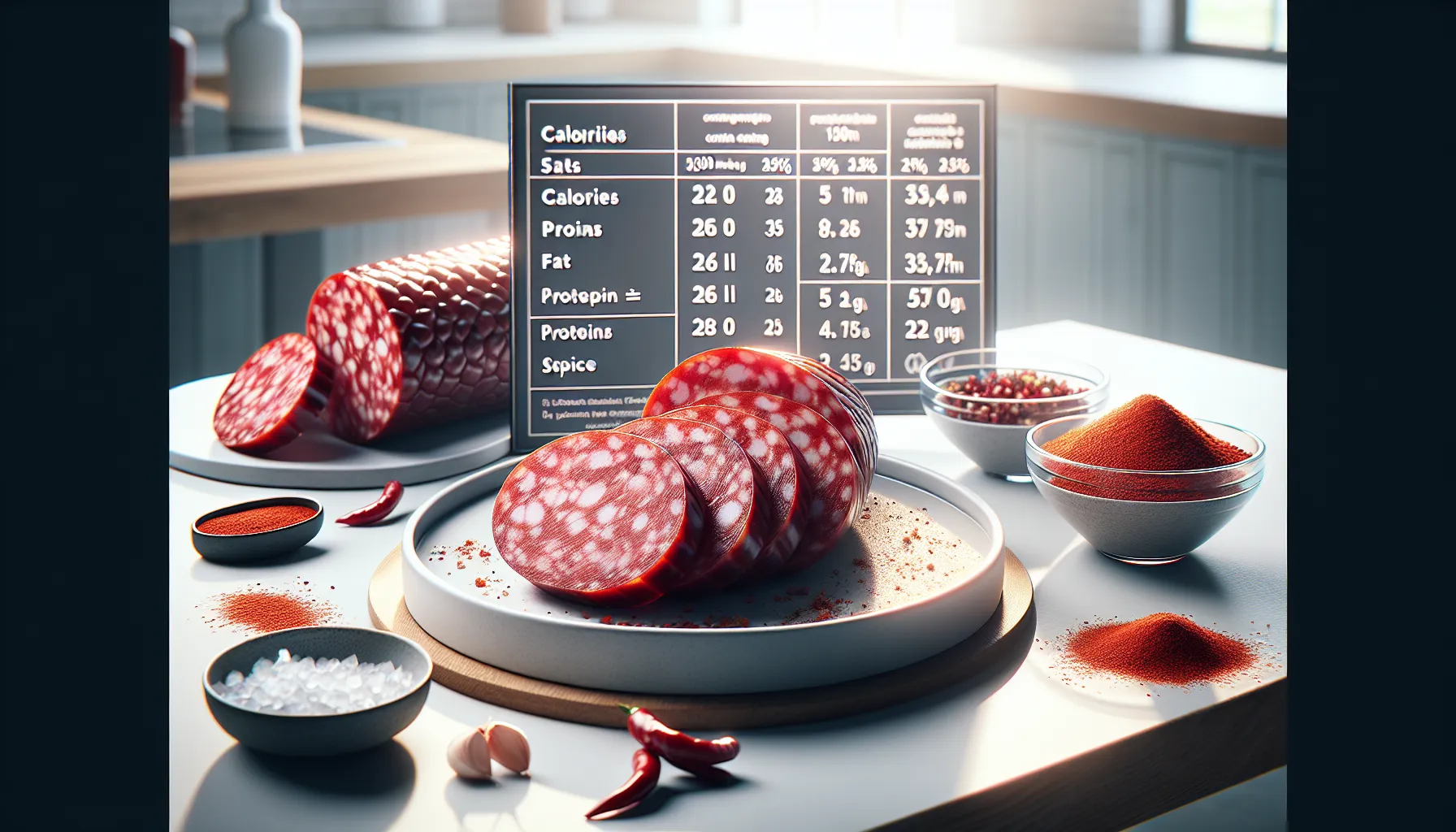 Sliced kulen sausage with spices and nutrition infographic on a modern kitchen counter.