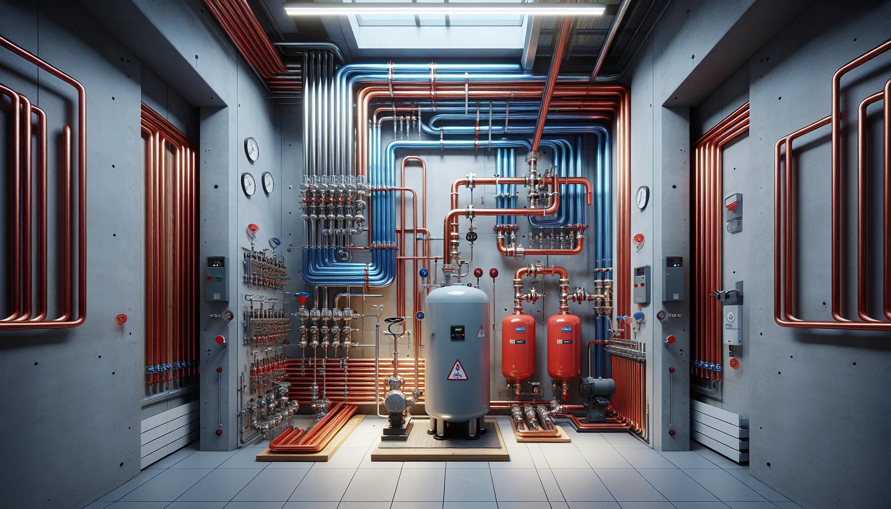 Central heating plant with plate heat exchanger, vfd pumps, and expansion tank.