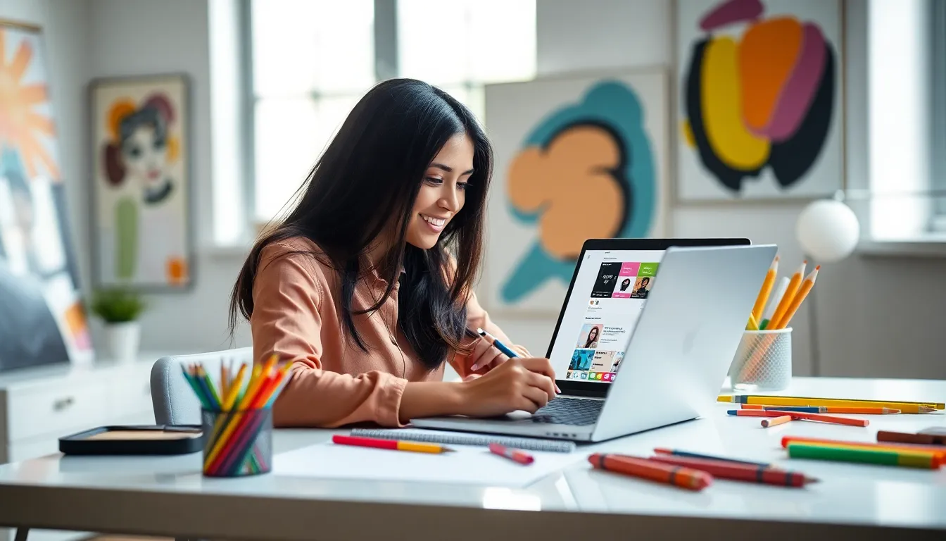 young woman creating content in a modern, colorful workspace.