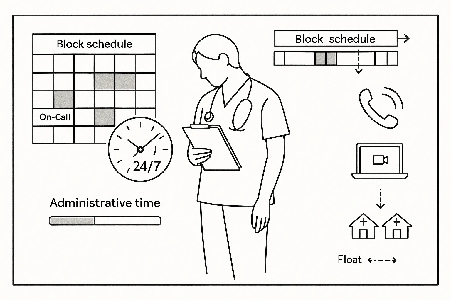 Nurse practitioner with calendar, clock, phone, laptop, and clinic icons showing schedule control.