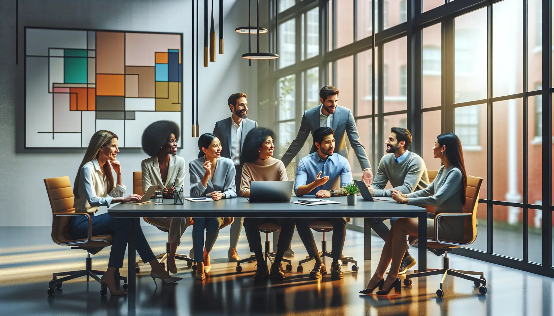 professionals engaging in discussion at a modern conference table.