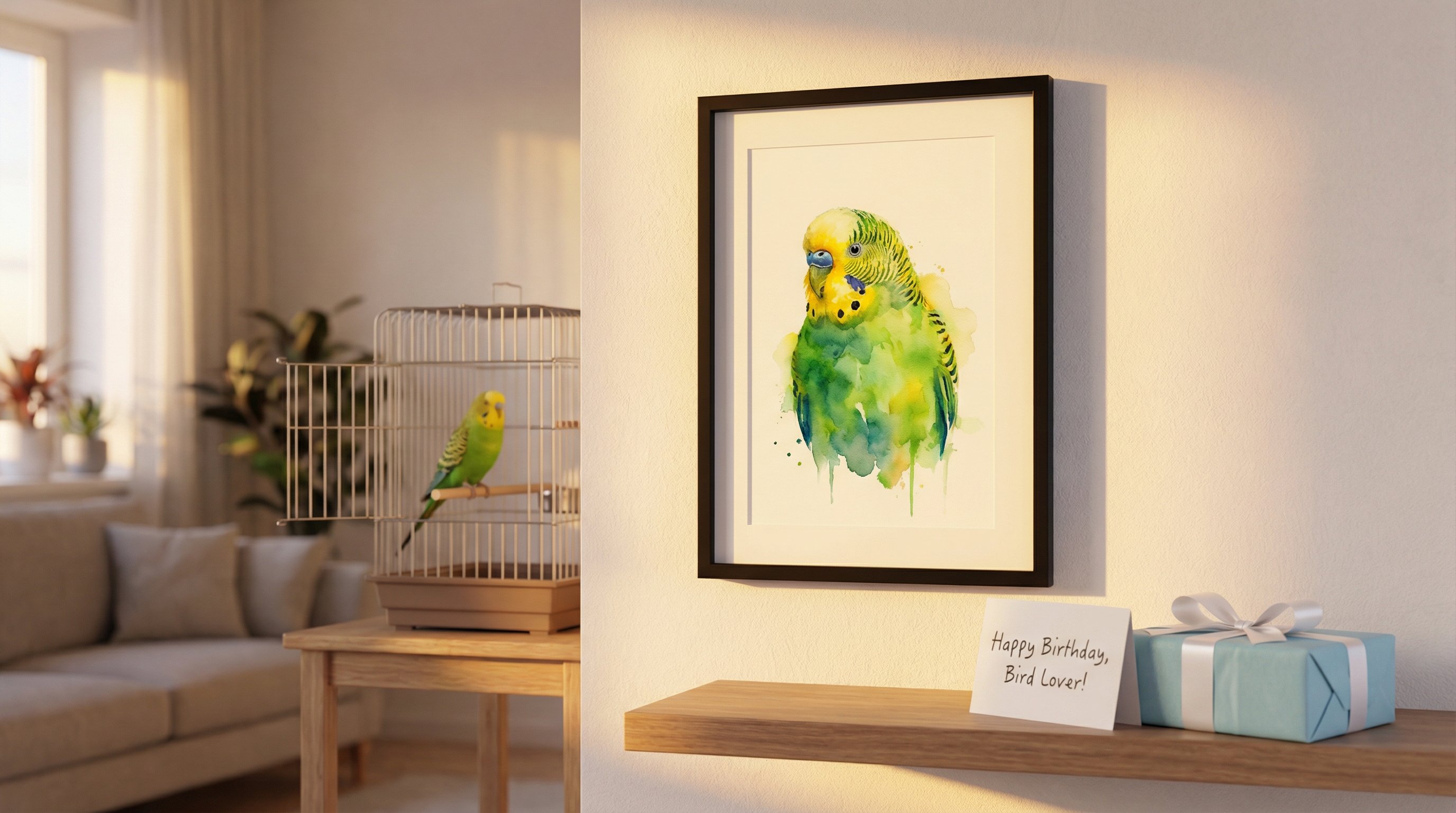 Framed watercolor budgie portrait on a wall beside a birthday gift box.