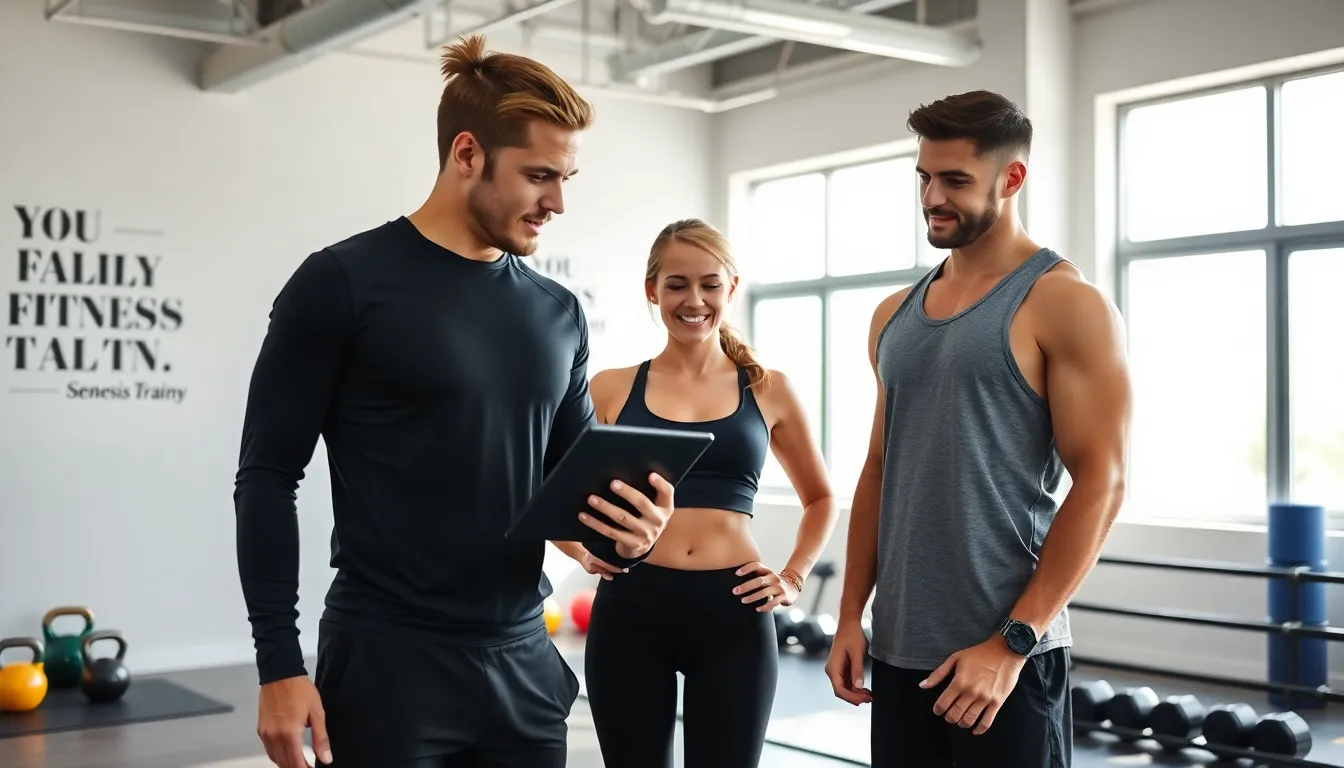 personal trainer guiding diverse clients in a modern fitness studio.