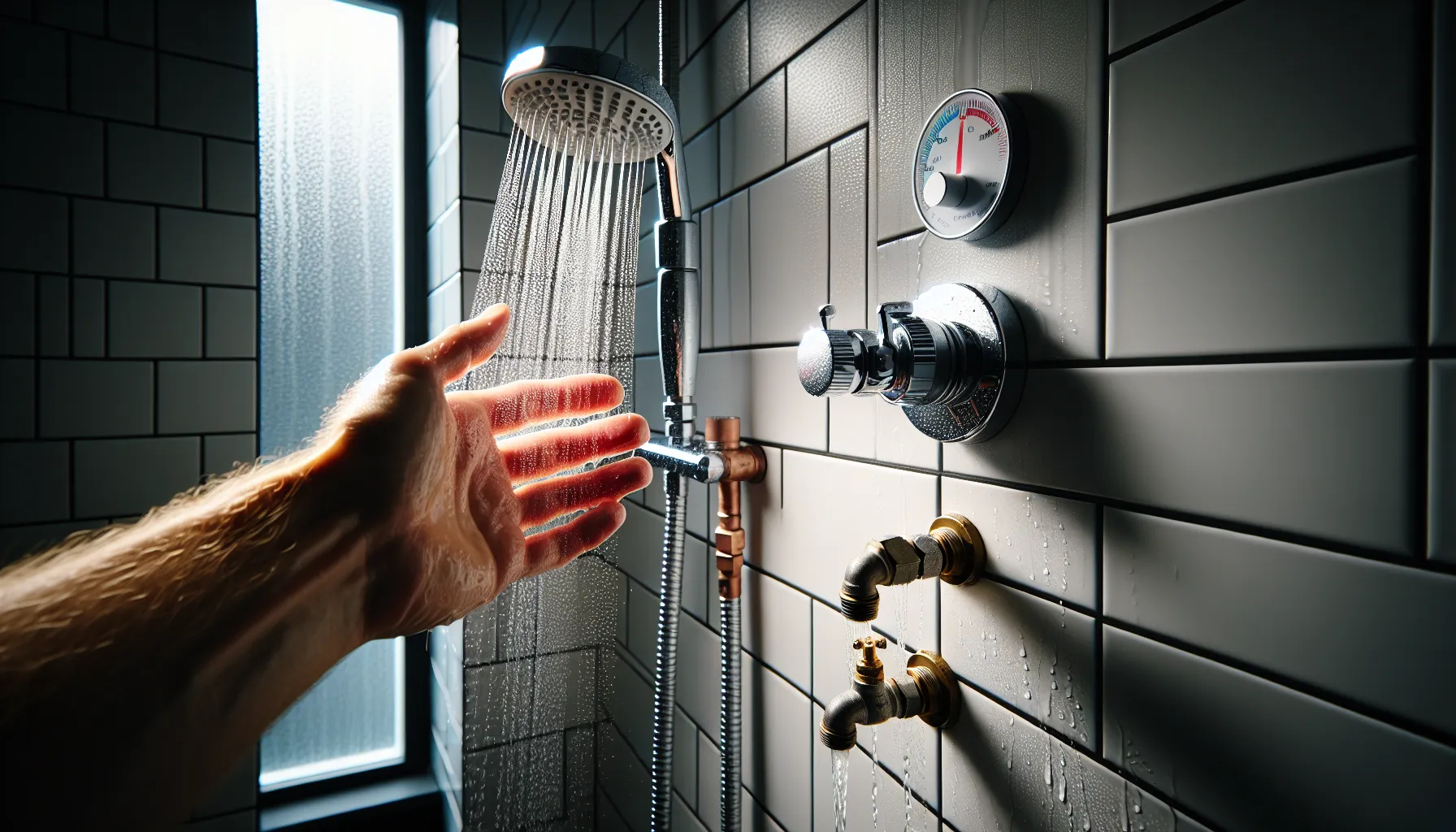 De vanligste utfordringene med vanntrykk i norske hjem en side dedikert til rør, rørsystemer og rørteknologi 3 Uneven shower spray with limescale, hand testing pressure, open valve cabinet nearby.