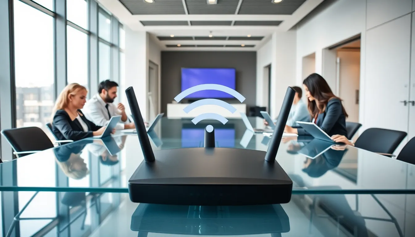 diverse professionals collaborating in a modern office with wireless devices.
