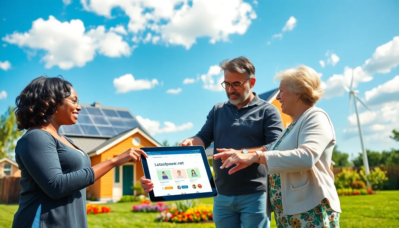 A diverse group discussing renewable energy solutions outside a modern home.