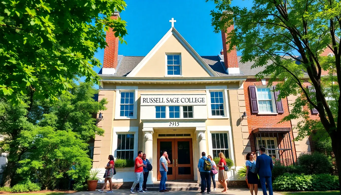 Russell Sage College's welcoming exterior with diverse students interacting.