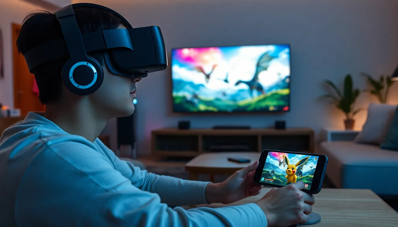 gamer using VR in a modern room with AR elements visible.