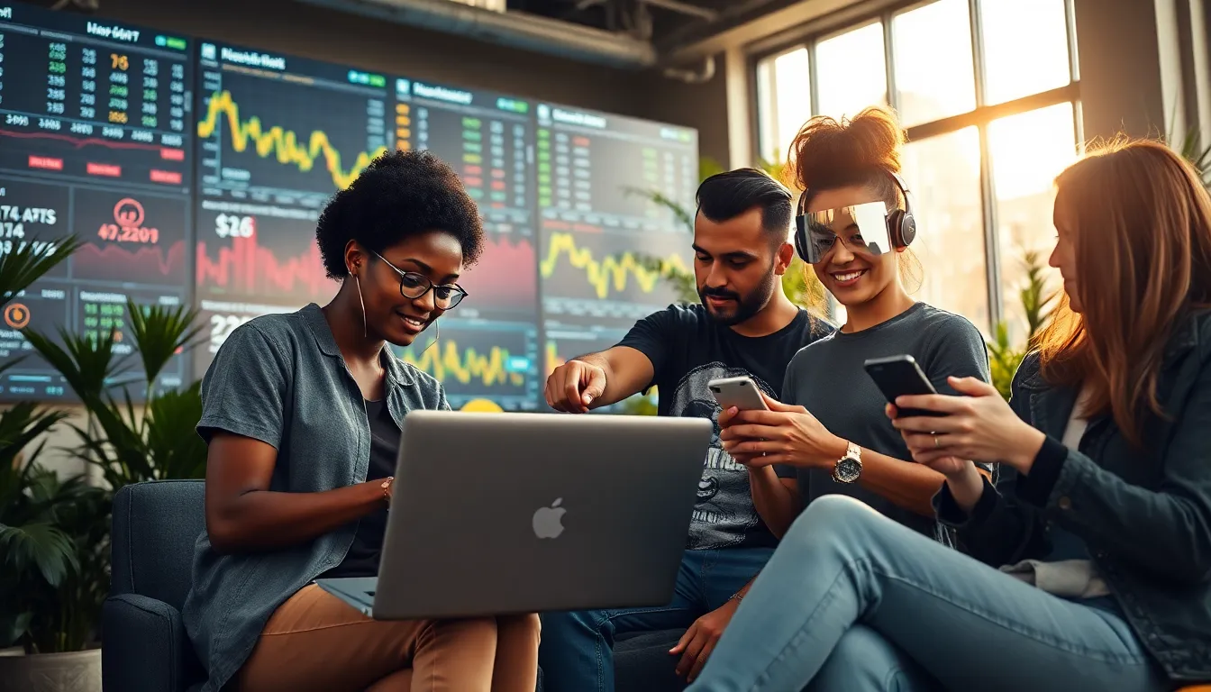 A diverse group engaging with cryptocurrency platforms in a modern workspace.