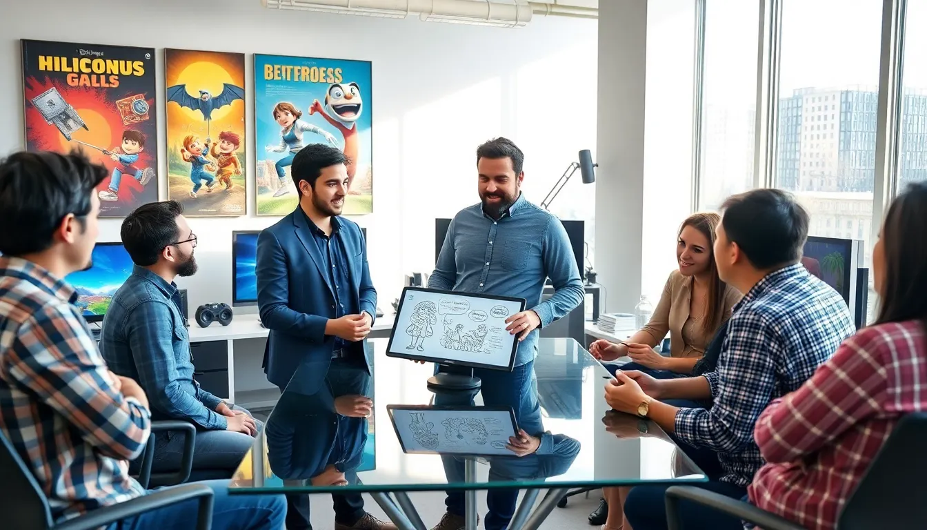 Eloni Lomla collaborating with a diverse team in a modern game studio.