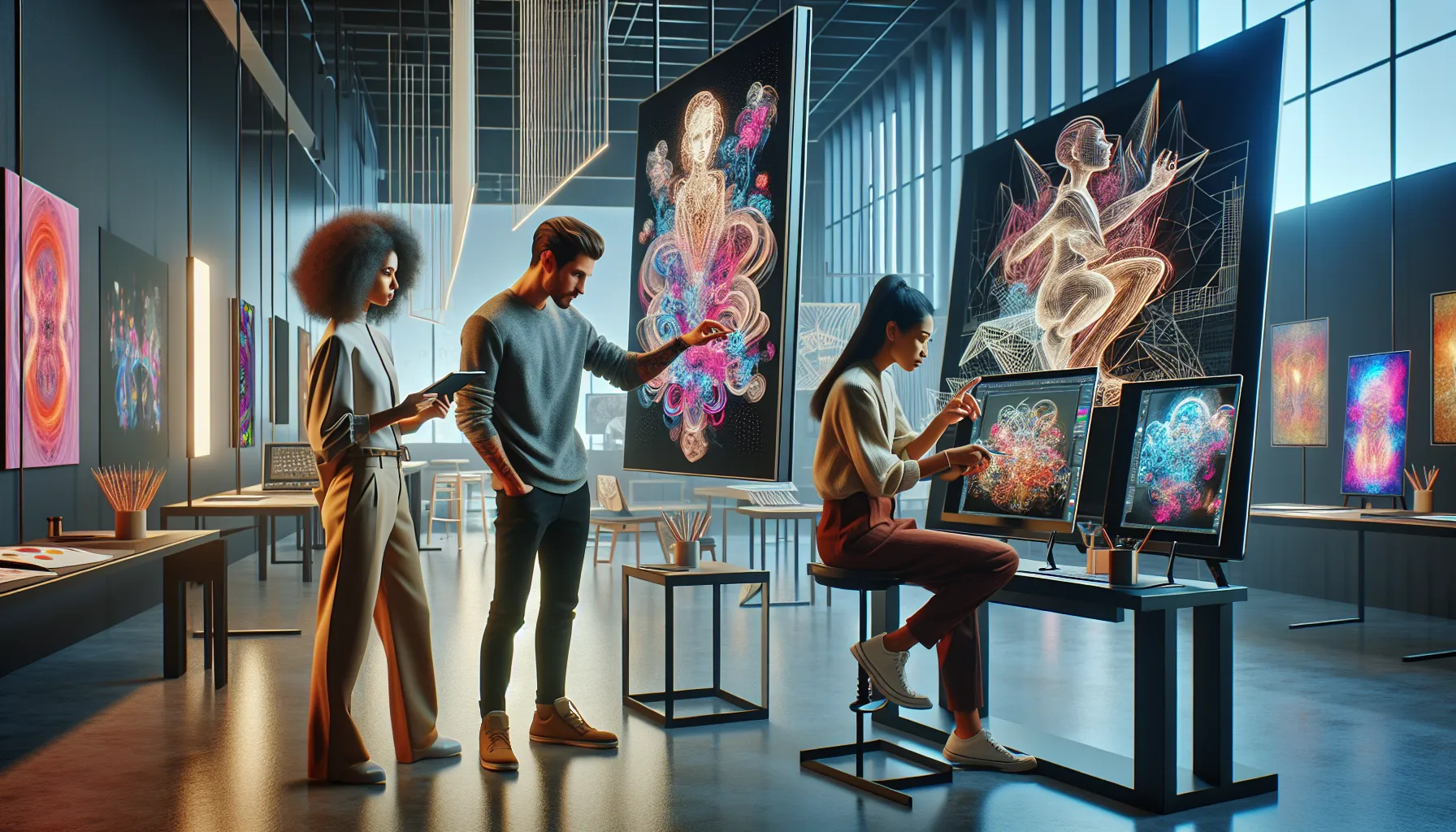 three artists collaborating in a modern art studio.