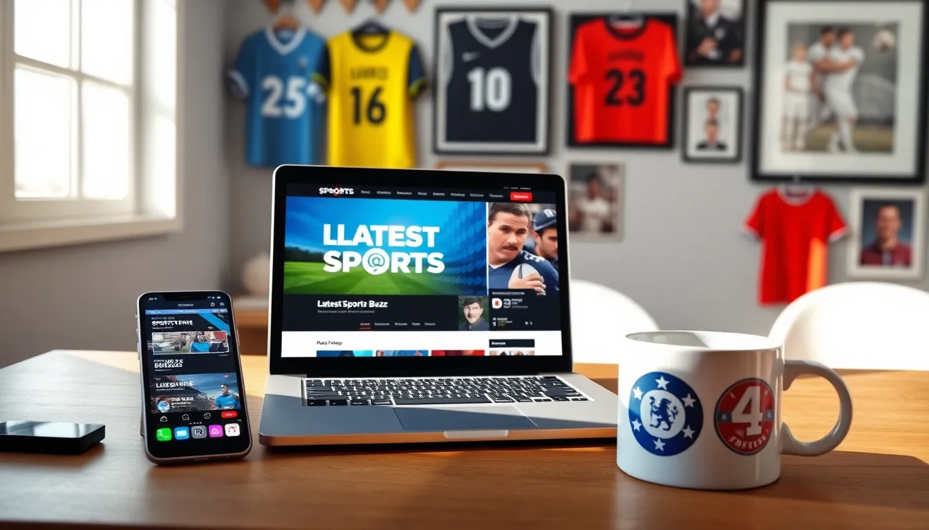 A laptop showcasing the Latest Sports Buzz sports news website.