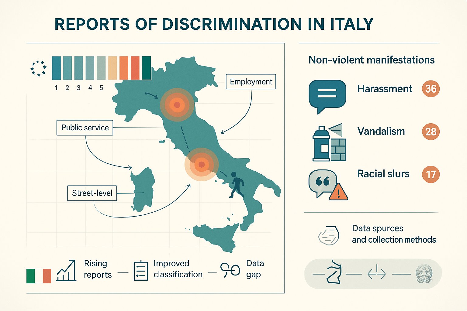 Mappa infografica dell'Italia che mostra hotspot di discriminazione urbana e grafici di confronto.