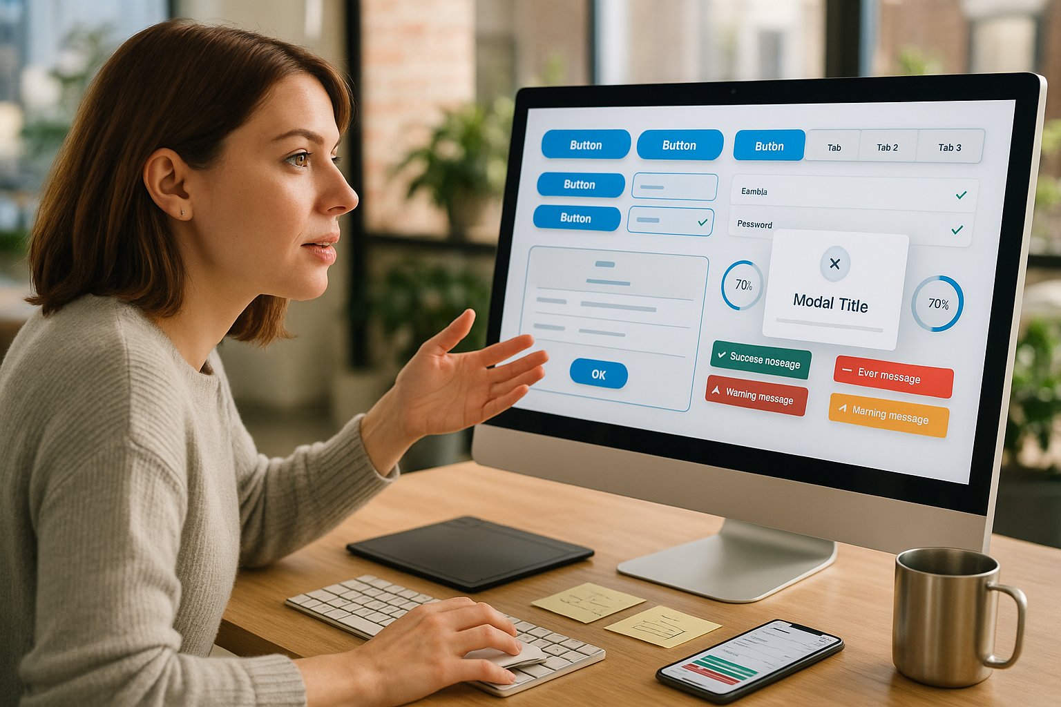 A designer reviewing UI components like buttons, forms, and notifications on a computer screen.