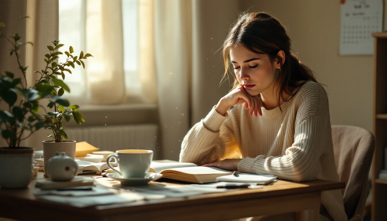 A weary woman sitting still at a desk with an open journal and untouched pen.